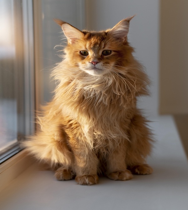 Chat Maine Coon roux assis près d'une fenêtre au soleil.