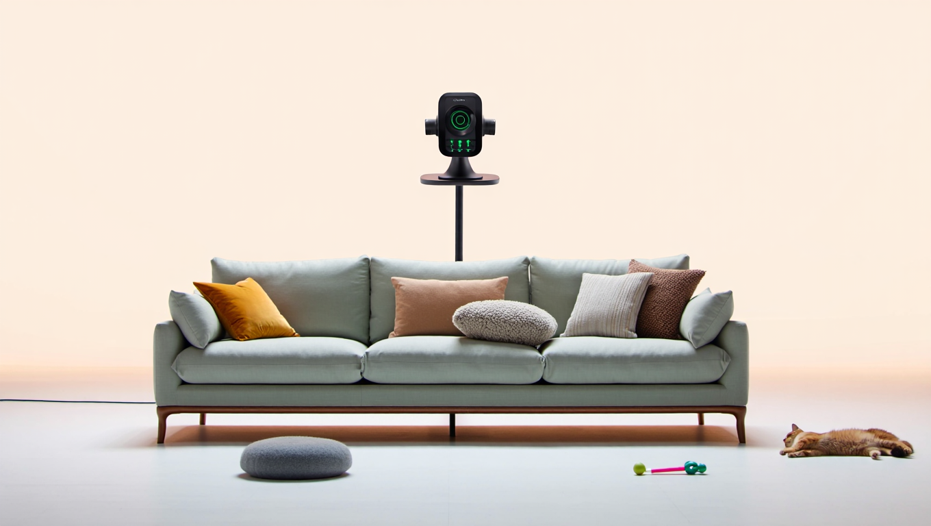 Canapé moderne avec coussins, robot et chat couché