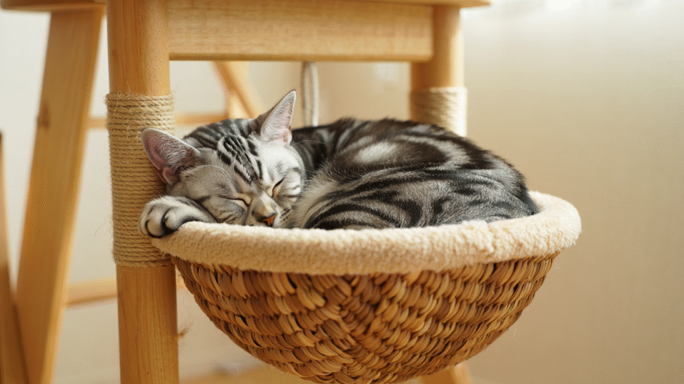 Chat gris endormi dans un panier suspendu
