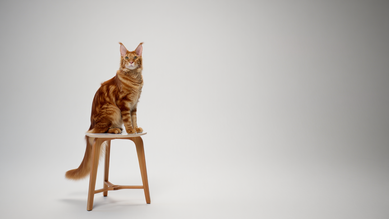 Chat main coon roux assis sur un tabouret en bois.