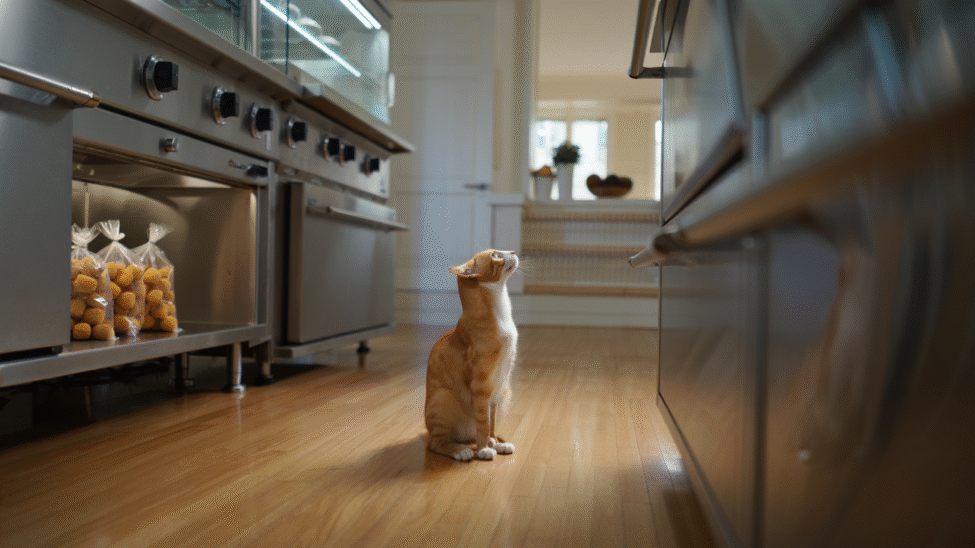 Le chat a faim et attend de la nourriture dans la cuisine