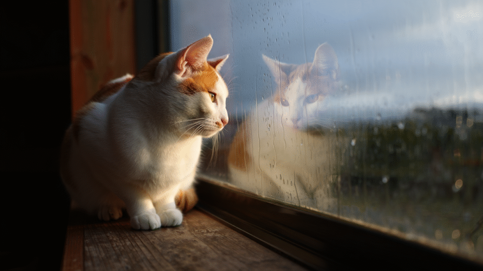 Chat blanc et roux regardant par la fenêtre par temps de pluie