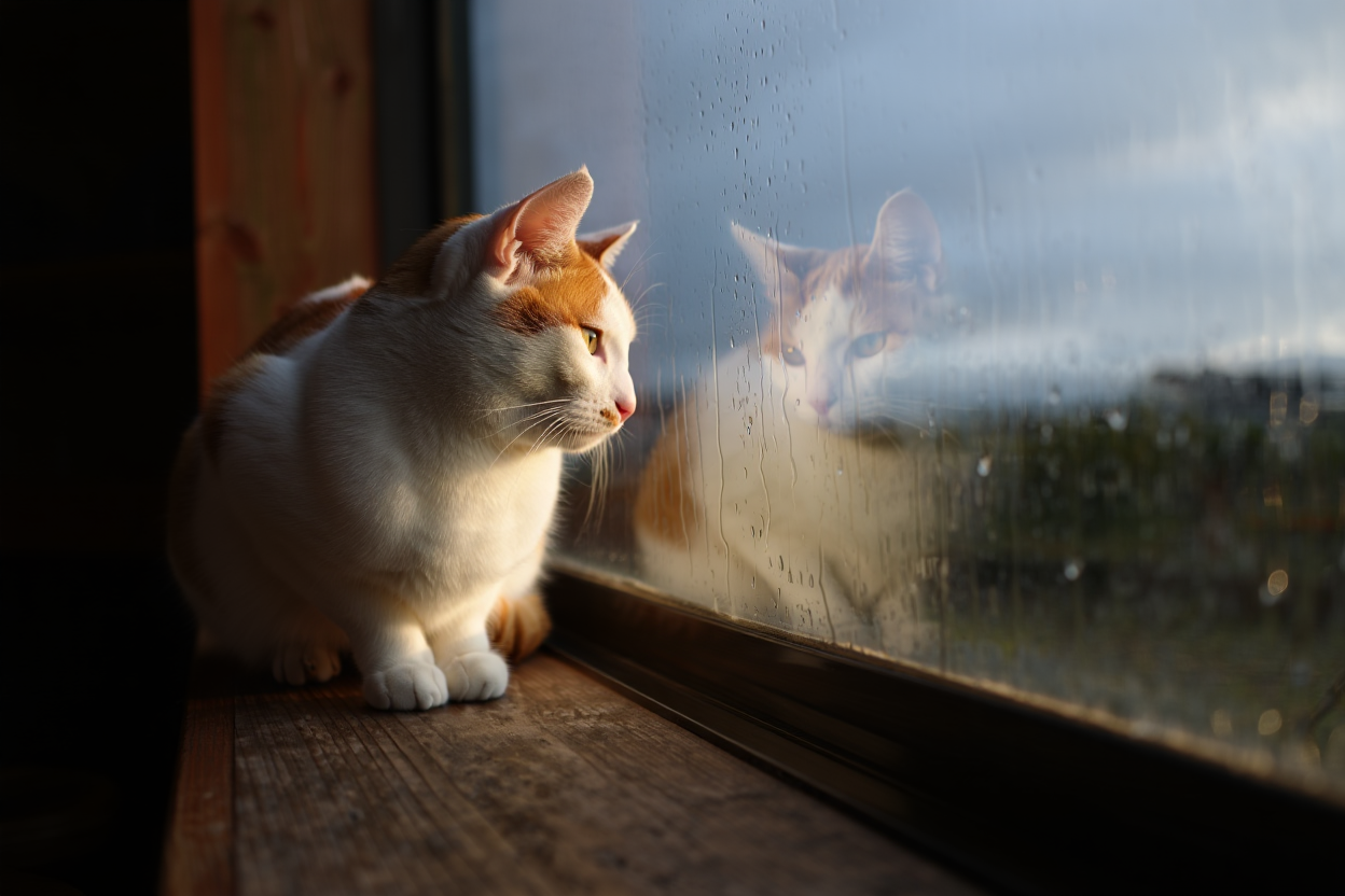 Chat blanc et roux regardant par la fenêtre par temps de pluie