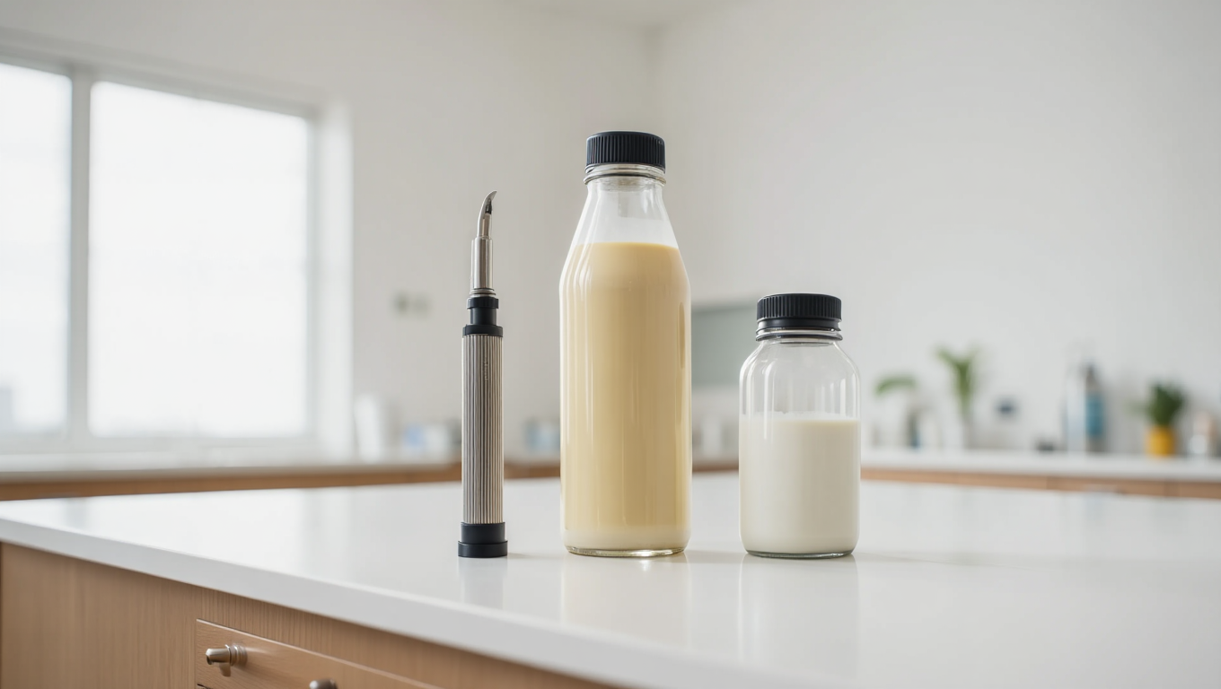 Biberons de lait maternisé pour chaton sur table blanche