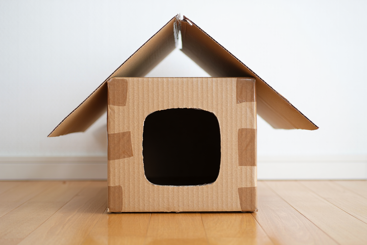 Une maison en carton pour chat.
