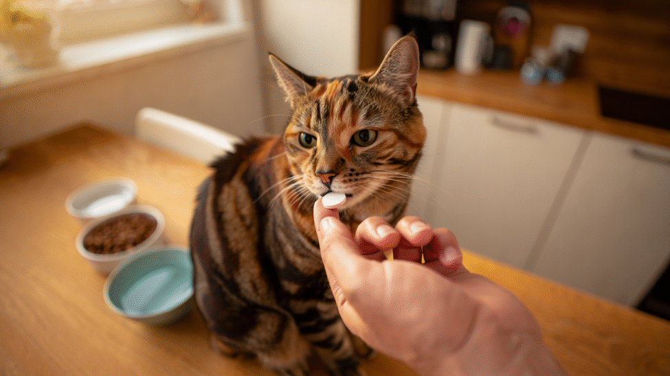 Chat recevant un cachet anti puces sous forme de comprimé.