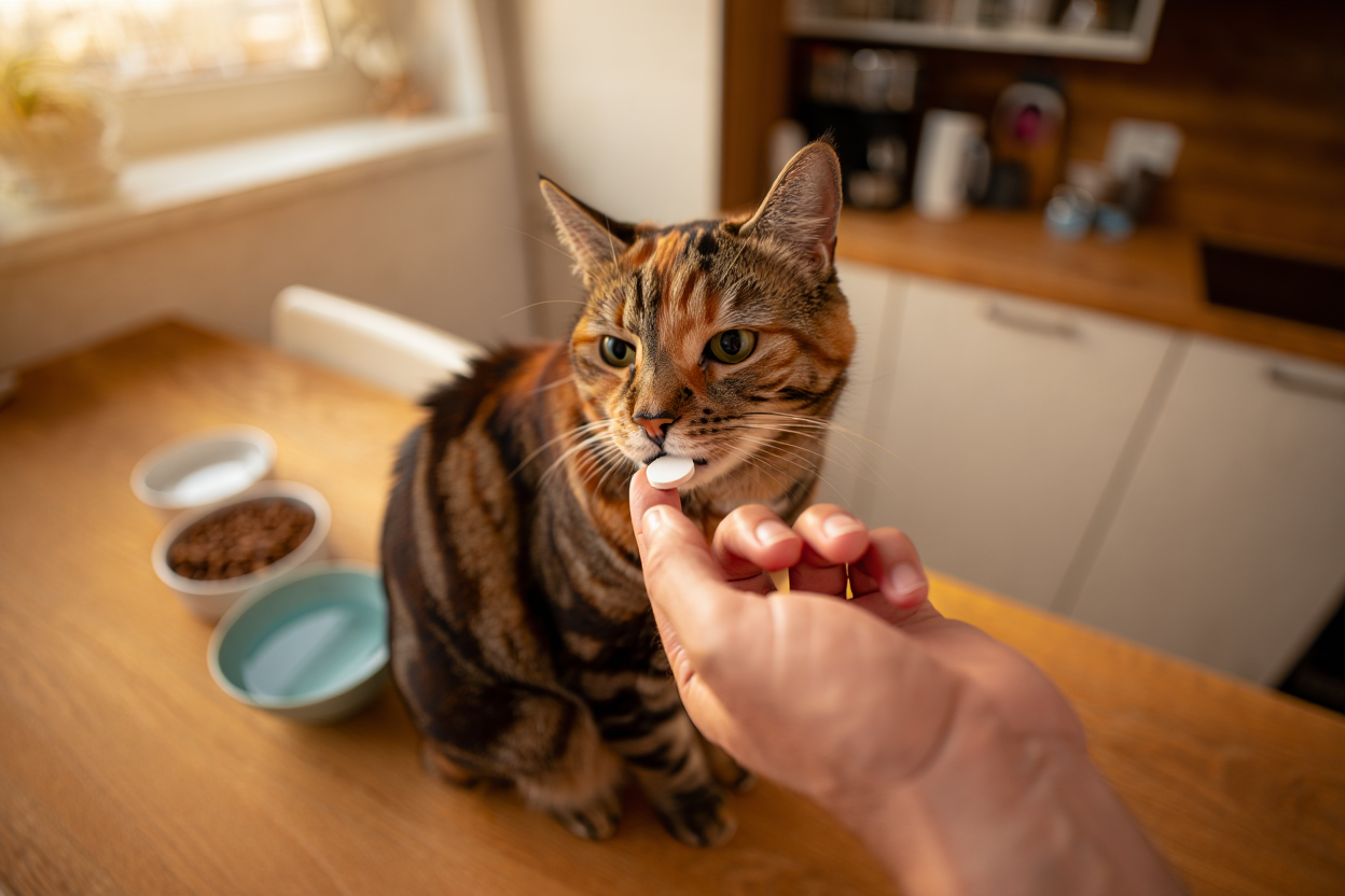 Chat recevant un cachet anti puces sous forme de comprimé.