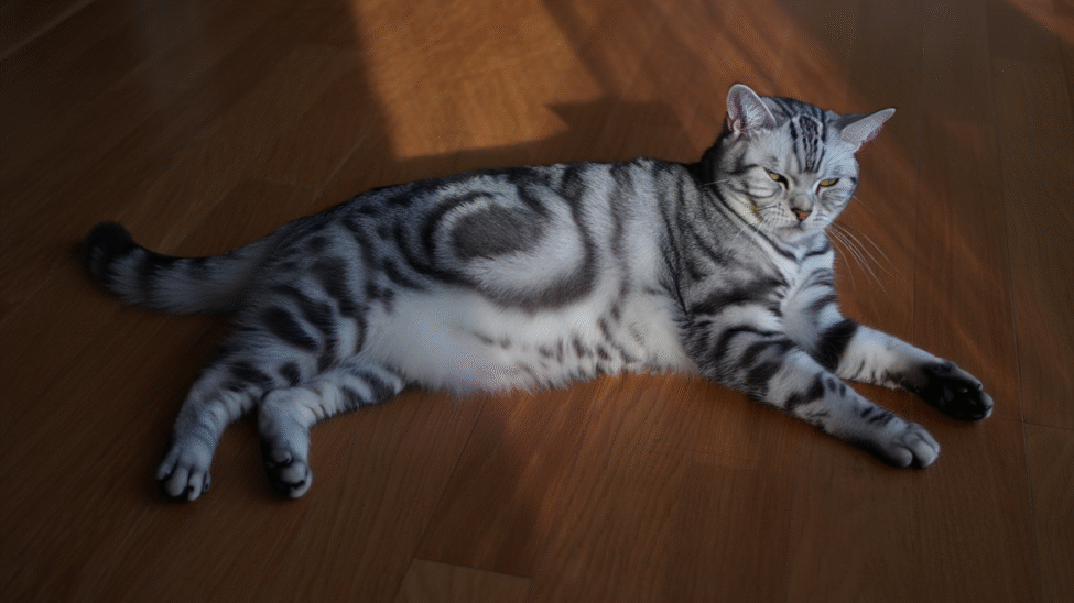 Chat gris allongé sur le sol, l’air ennuyé.