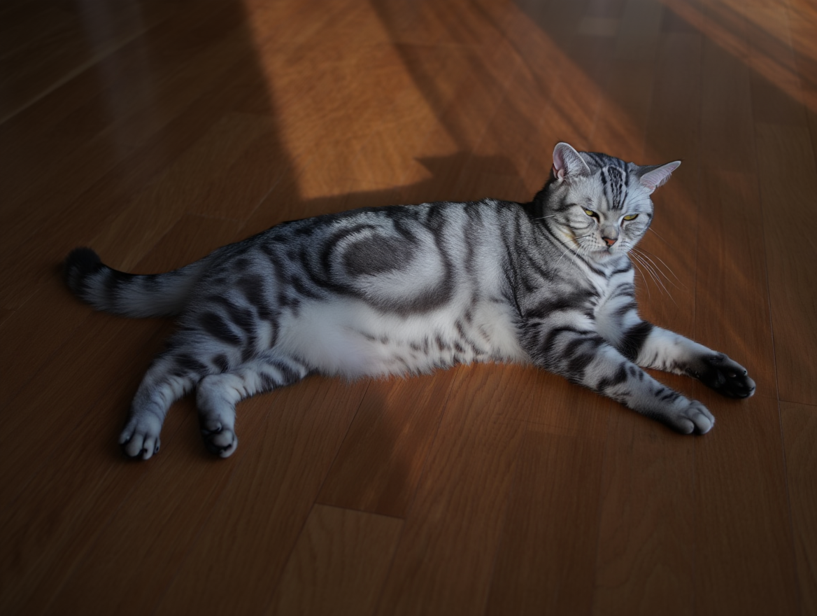 Chat gris allongé sur le sol, l’air ennuyé.