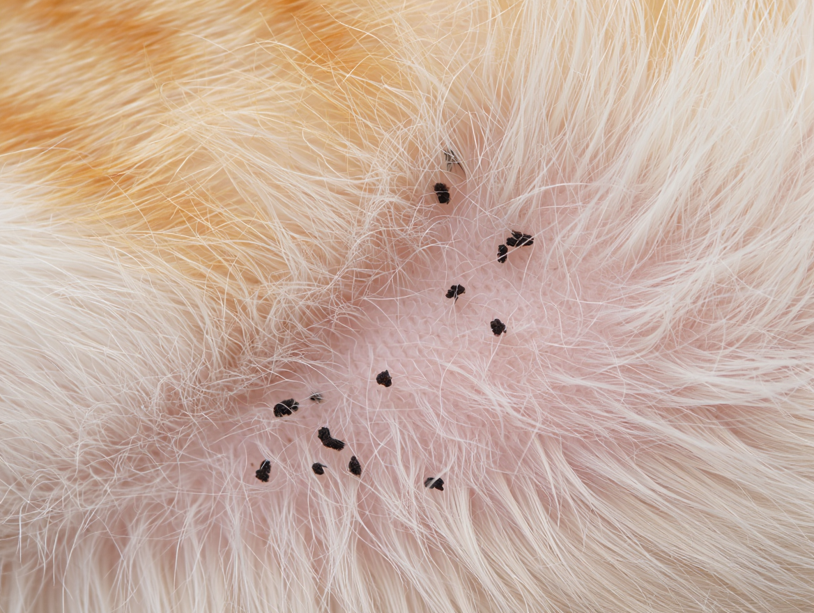 Crottes de puces dans le pelage d’un chat.