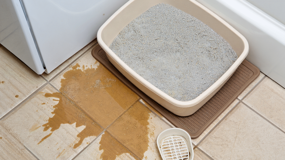 Bac à litière de chat avec de l’urine renversée sur le sol carrelé.