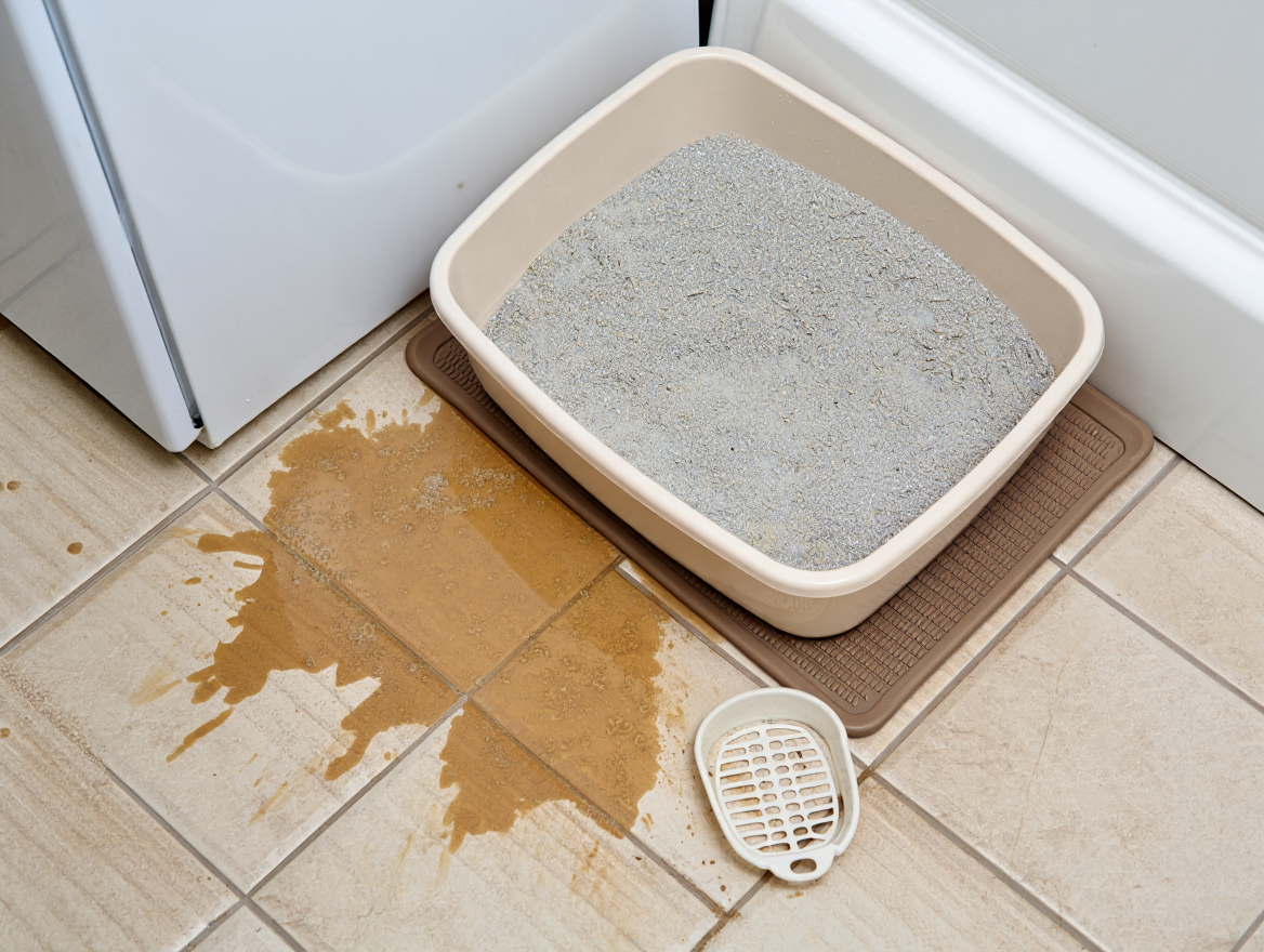 Bac à litière de chat avec de l’urine renversée sur le sol carrelé.