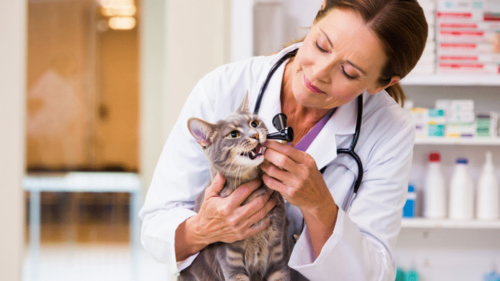 Un vétérinaire soigne un chat atteint de rhume.