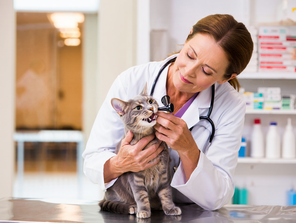 Un vétérinaire soigne un chat atteint de rhume.