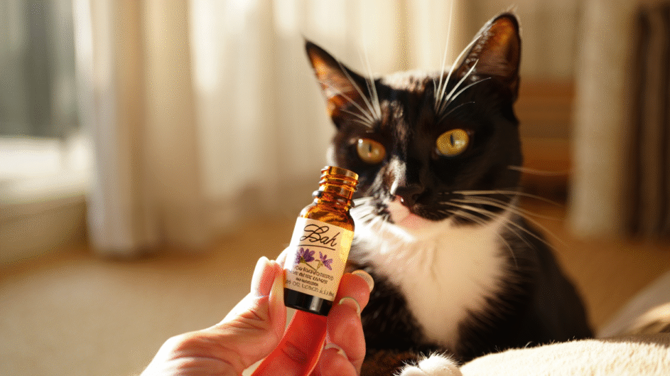 Chat noir et blanc observant un flacon d’huiles essentielles.