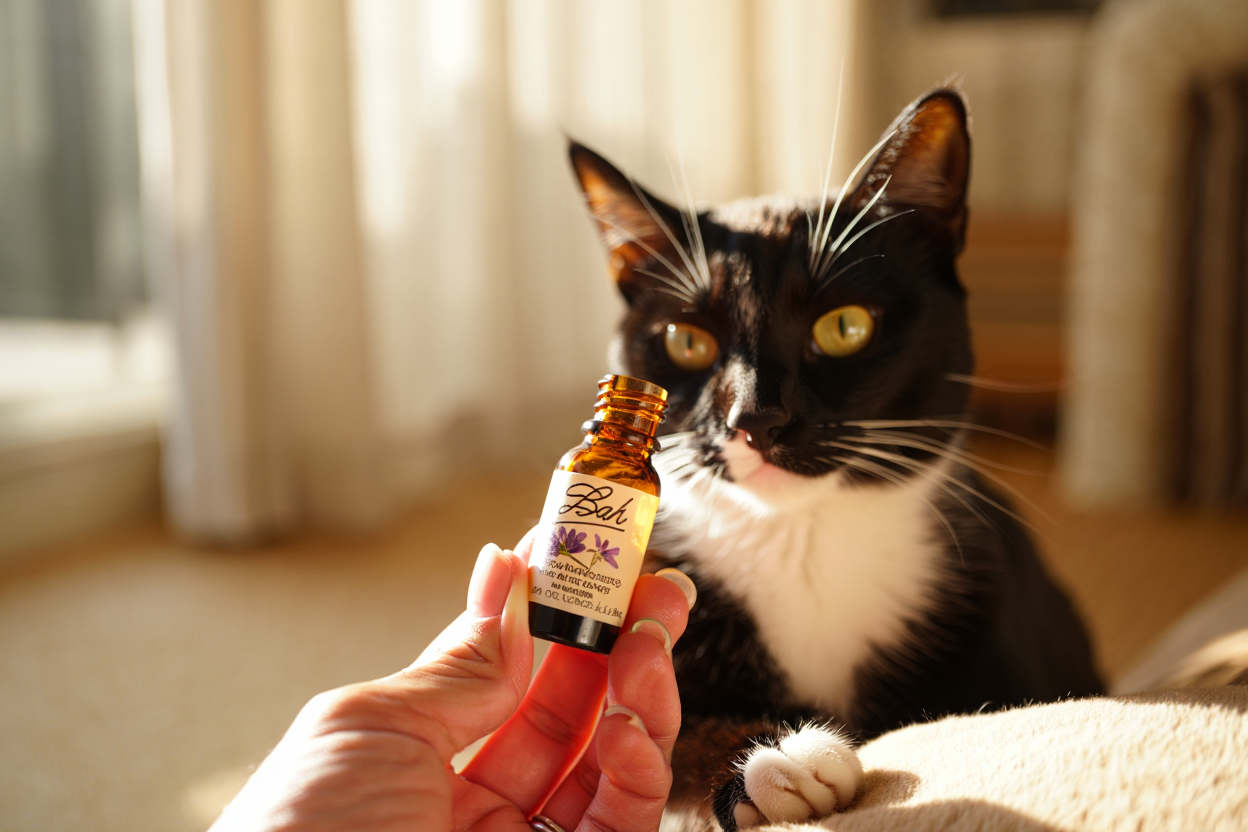 Chat noir et blanc observant un flacon d’huiles essentielles.