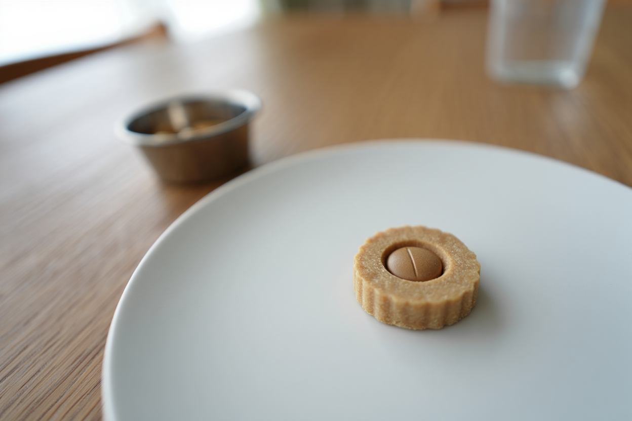 Friandise utilisée pour cacher un médicament destiné à un chat.