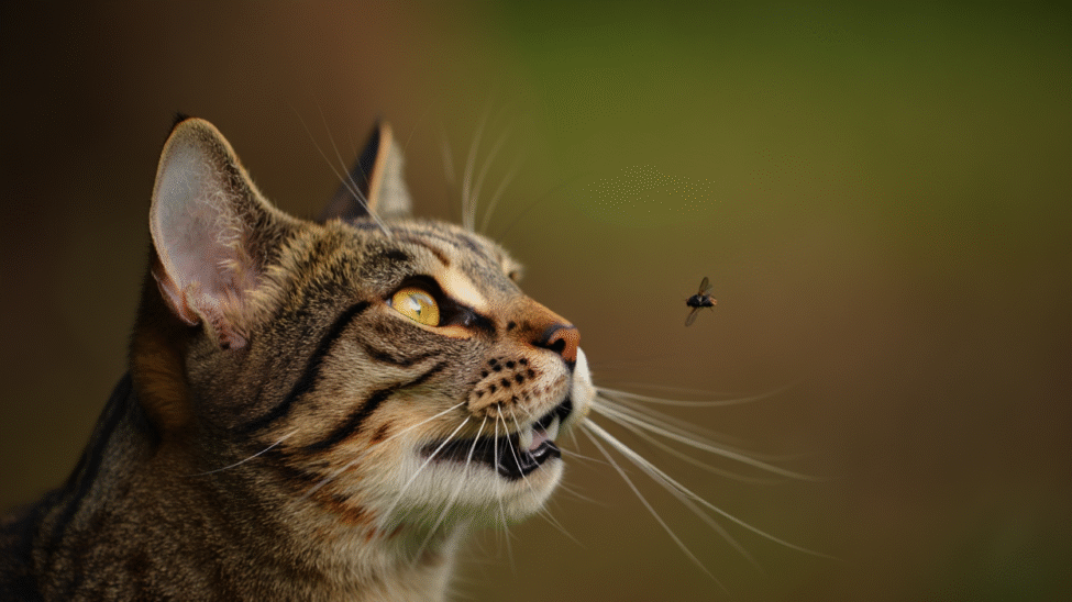 Chat qui mange des mouches.