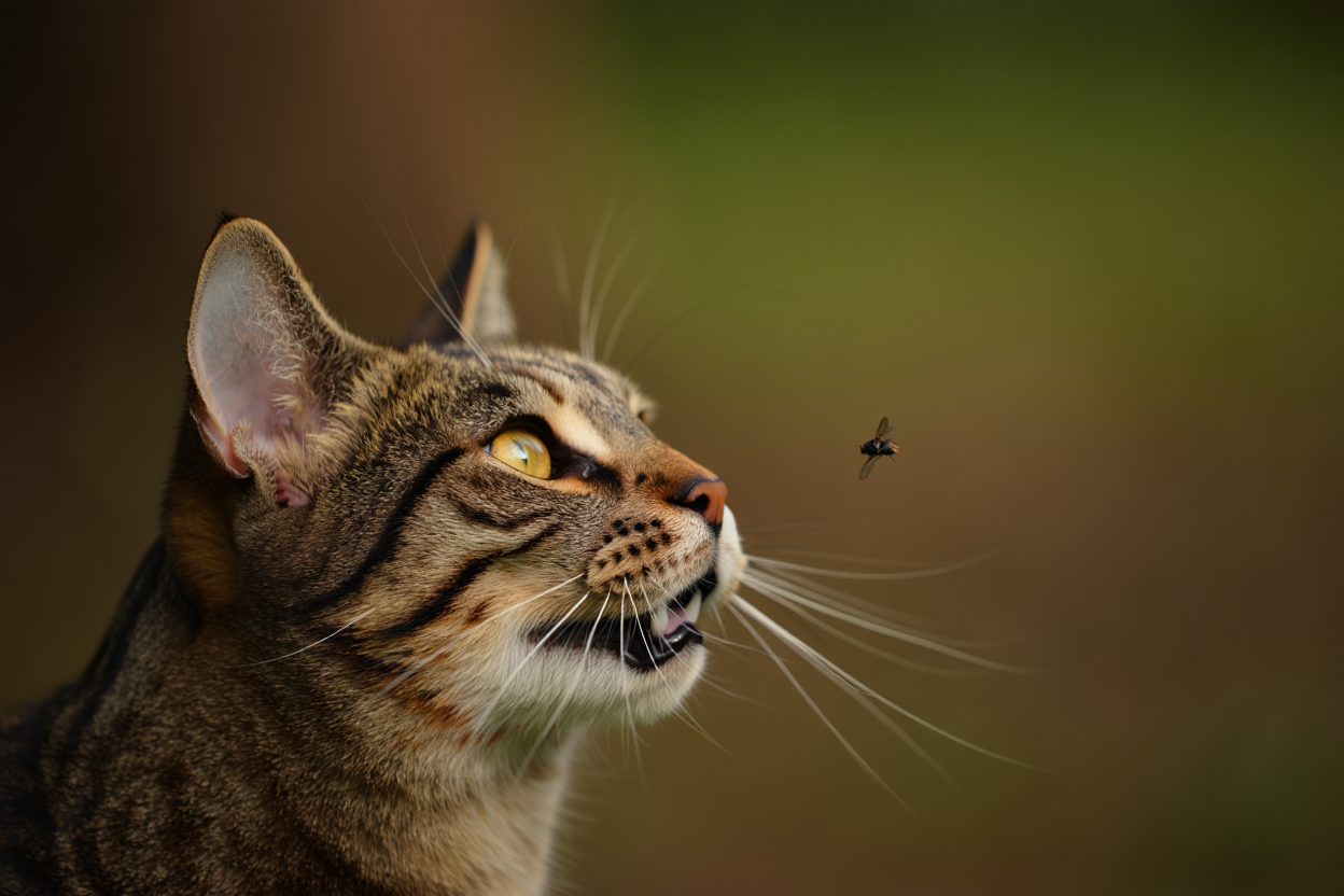 Chat qui mange des mouches​.