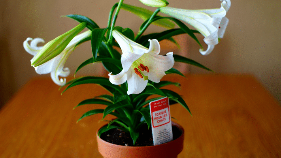 Photo de lys en pot, plante toxique pour chat domestique.