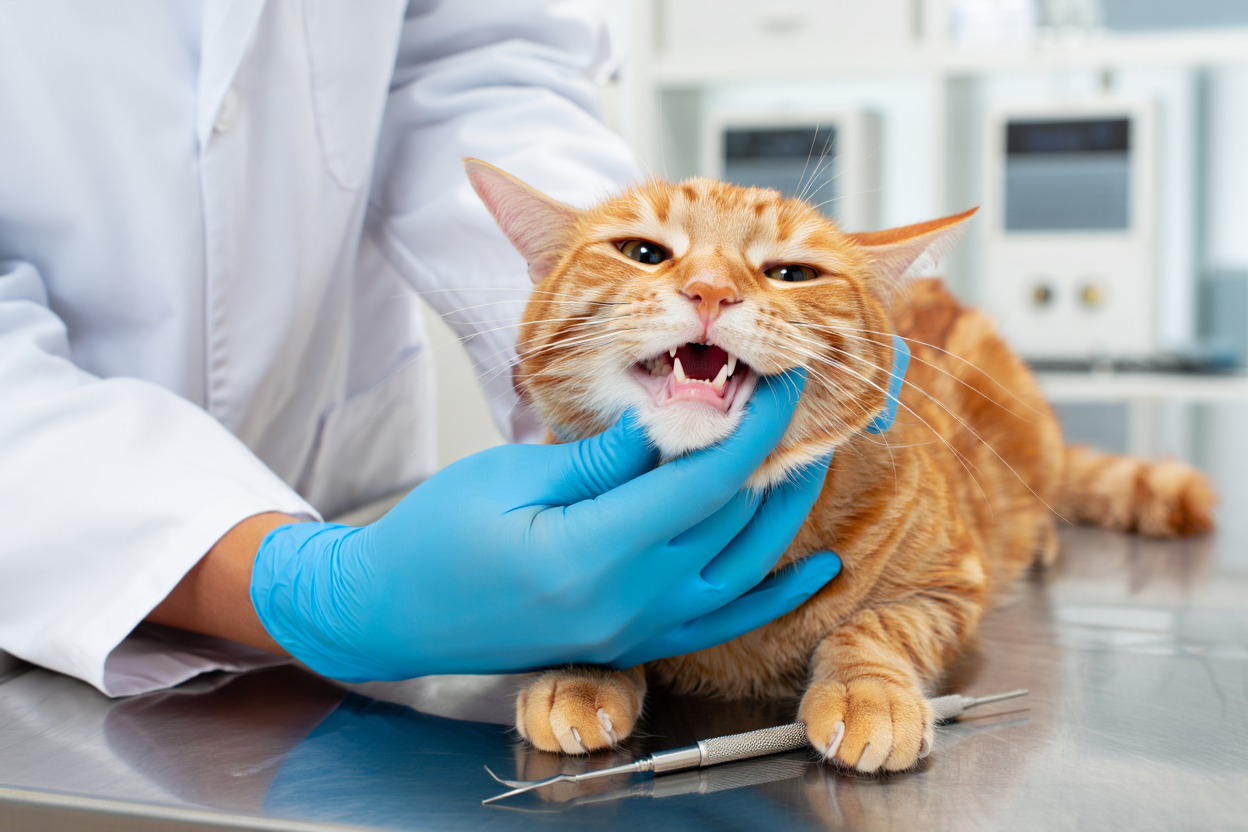 Chat roux examiné par un vétérinaire pour détecter des problèmes de dentition.