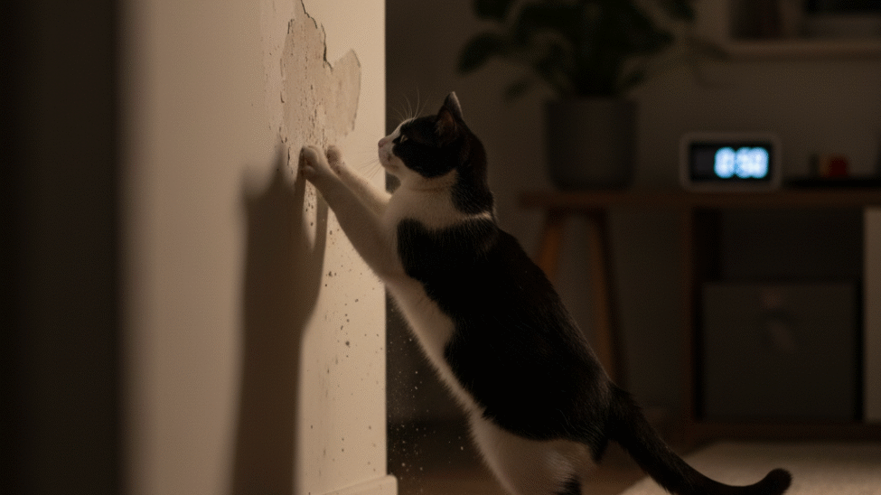 Chat qui gratte le mur la nuit dans une maison.