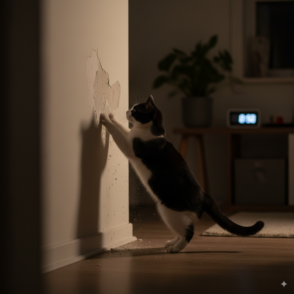 Chat qui gratte le mur la nuit dans une maison.