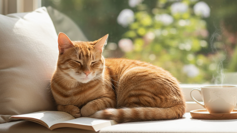 Chat roux dormant sur un livre près d’une tasse.