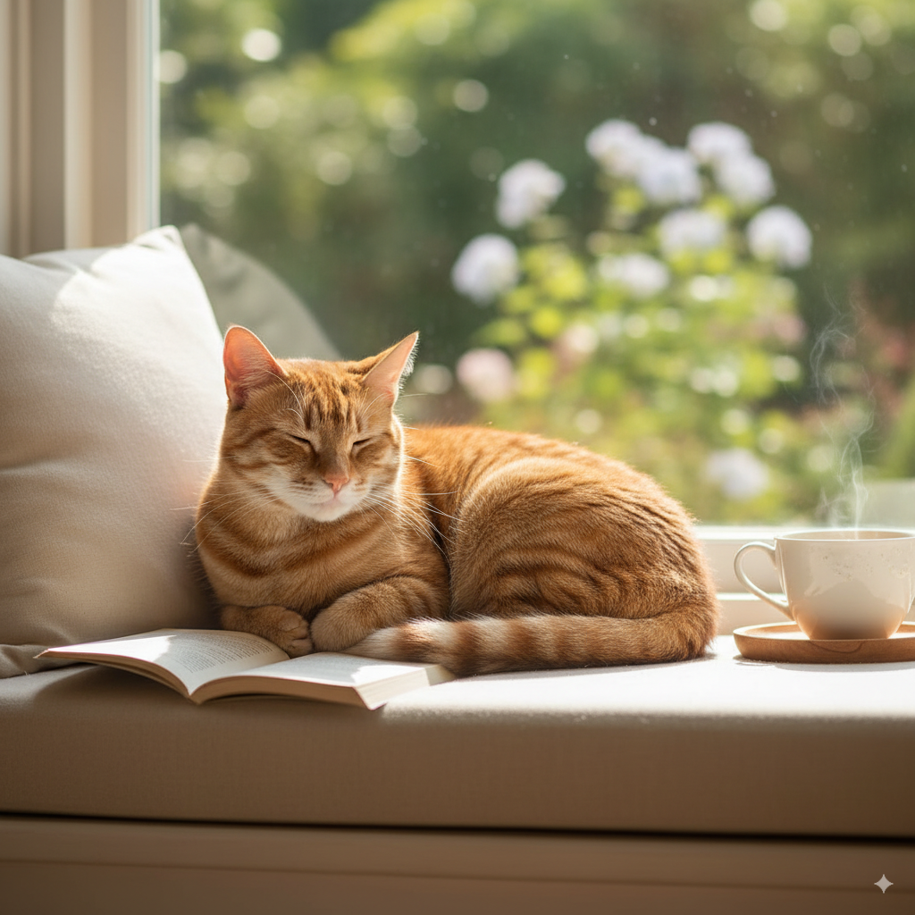 Chat roux dormant sur un livre près d’une tasse.