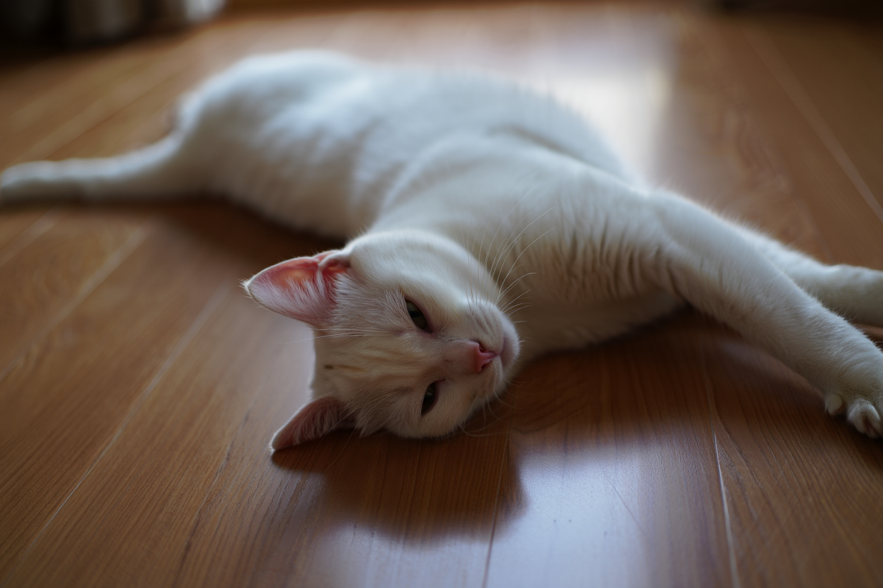 chat blanc allongé sur un sol en bois.