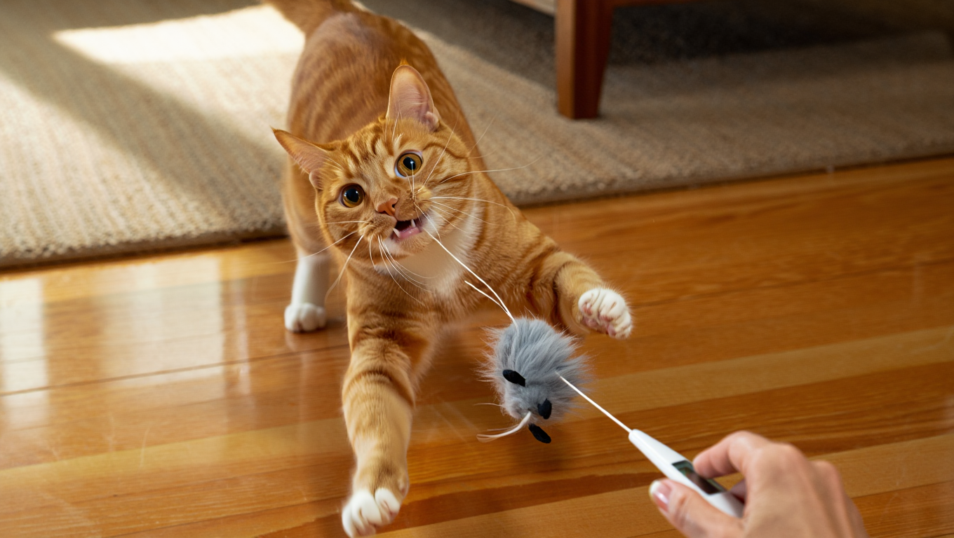 Chat roux joue avec souris télécommandée.