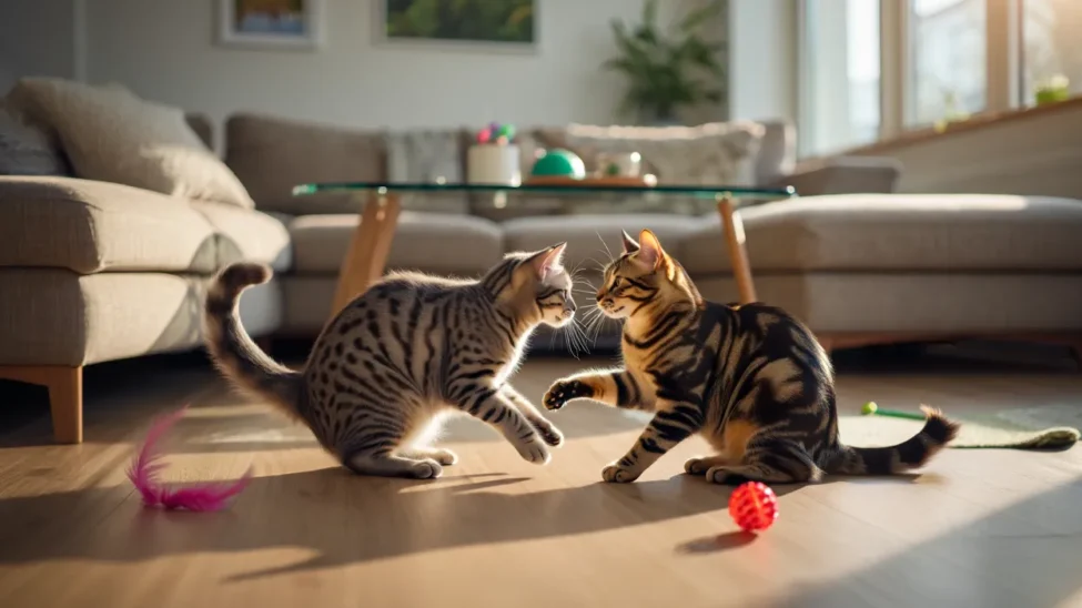 Deux chats tigrés jouent ensemble dans un salon lumineux.