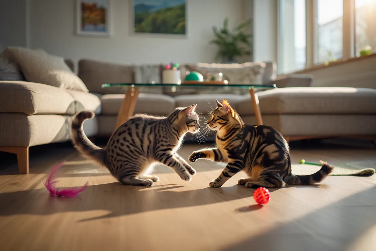 Deux chats tigrés jouent ensemble dans un salon lumineux.