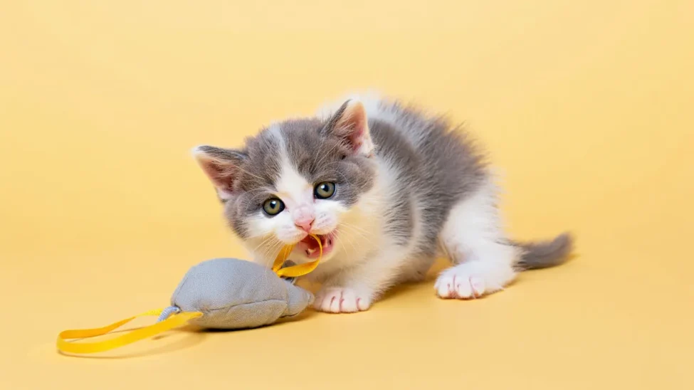 Chaton jouant avec une petite souris en tissu.