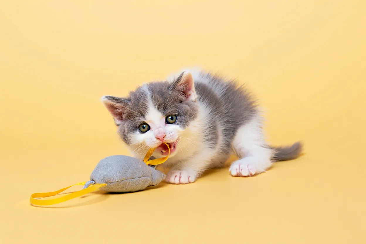 Chaton jouant avec une petite souris en tissu.